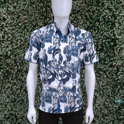 Sky Blue Bird Design Block Printed Half Sleeve Shirt for Men