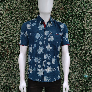 Deep Blue With White Flower Cotton Block Printed Half Sleeve Shirt for Men