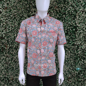 Light Blue Cotton Block Printed Half Sleeve Shirt for Men