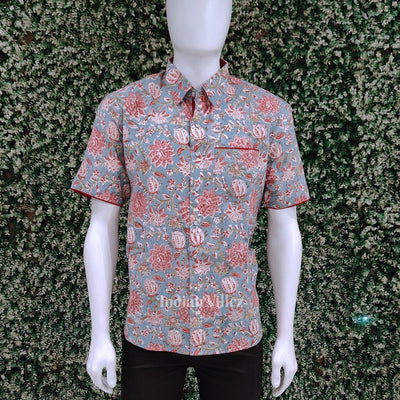 Light Blue Cotton Block Printed Half Sleeve Shirt for Men