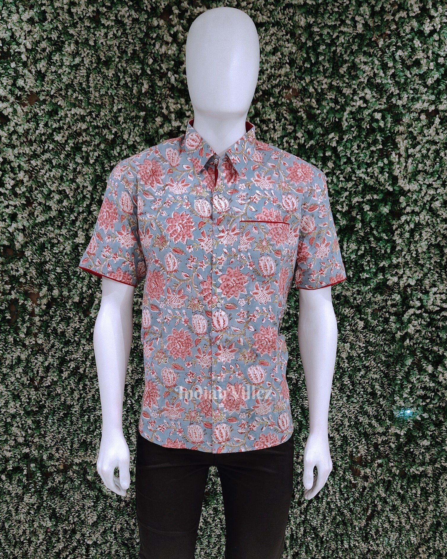 Light Blue Cotton Block Printed Half Sleeve Shirt for Men