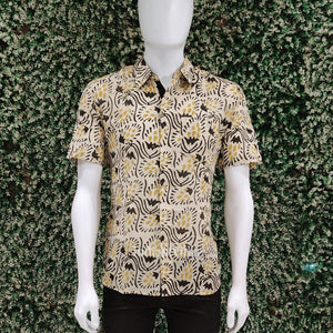 Off White With Black Block Printed Half Sleeve Shirt for Men