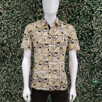 Off White With Black Block Printed Half Sleeve Shirt for Men