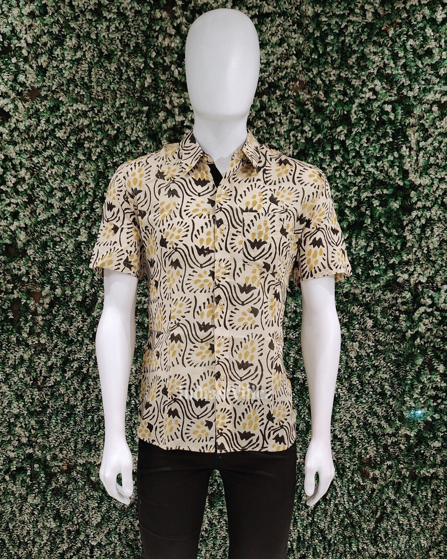 Off White With Black Block Printed Half Sleeve Shirt for Men