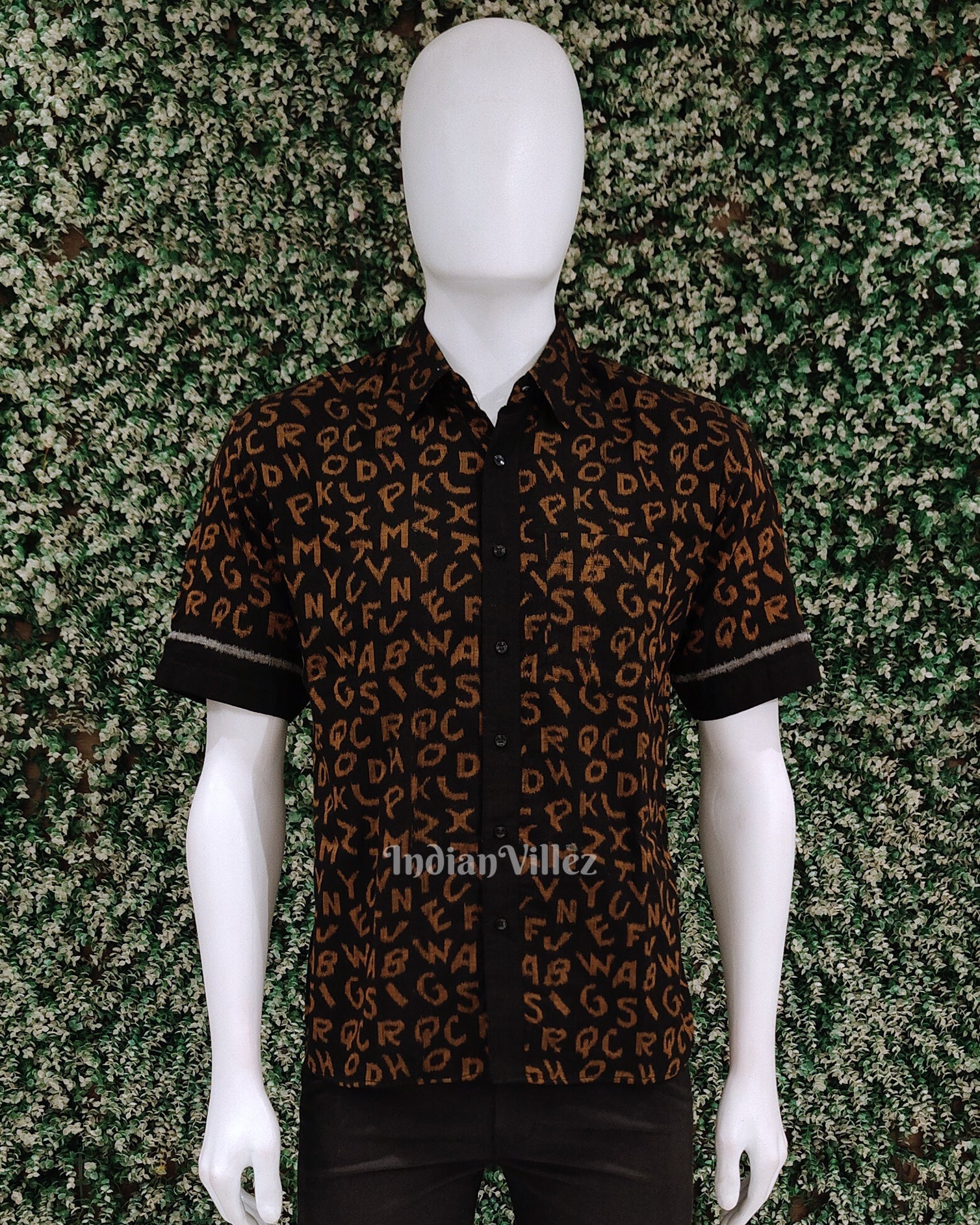 Black English Alphabet Odisha Ikat Cotton Half Sleeve Shirt for Men