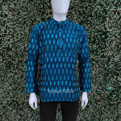 Cyan Blue  Handwoven Pochampally Ikat Cotton Kurta for Men