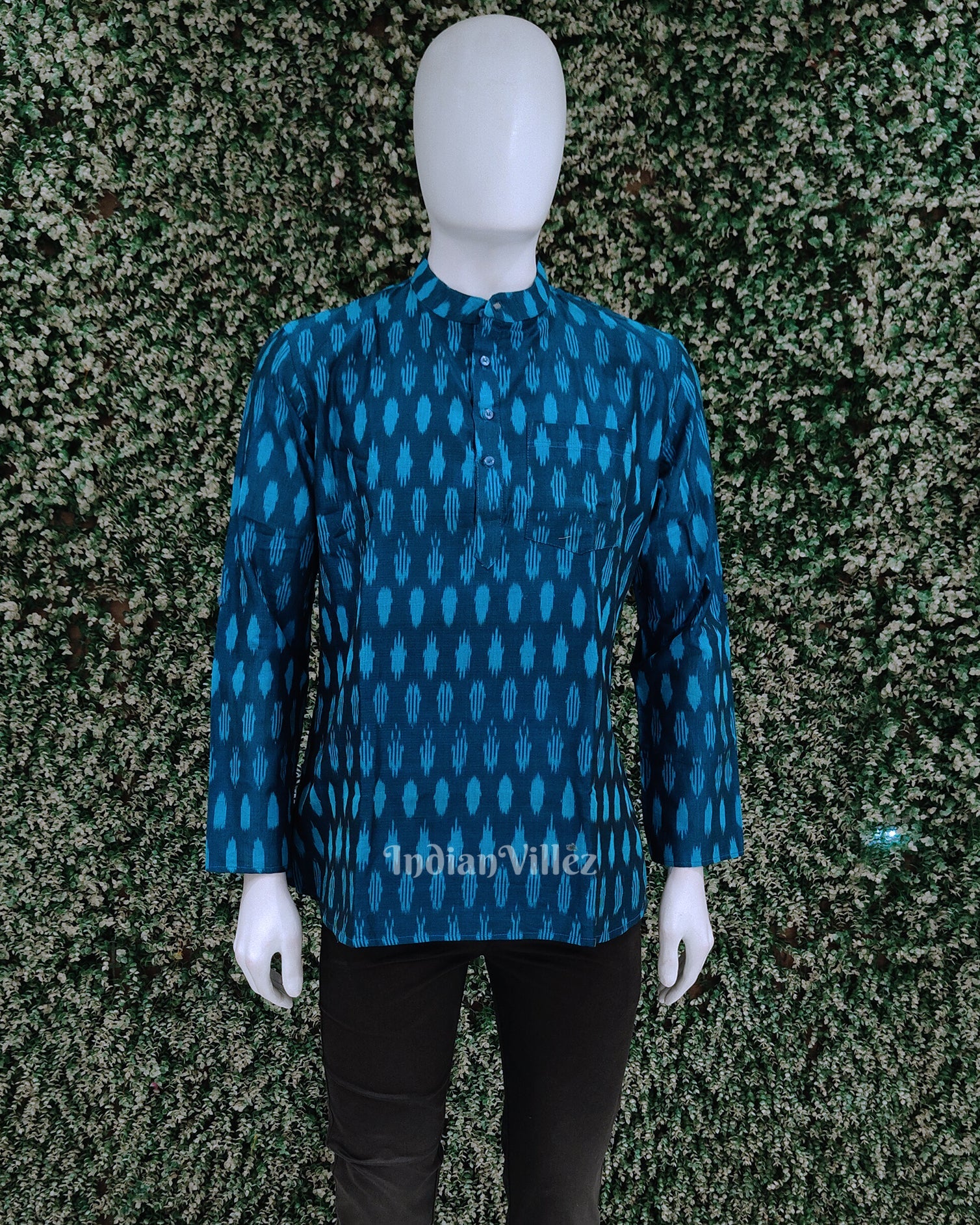 Cyan Blue  Handwoven Pochampally Ikat Cotton Kurta for Men