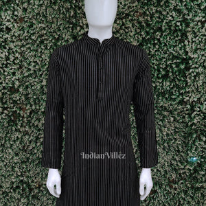 Black Stripped Odisha Ikat Cotton Kurta for Men