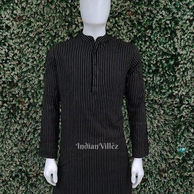 Black Stripped Odisha Ikat Cotton Kurta for Men