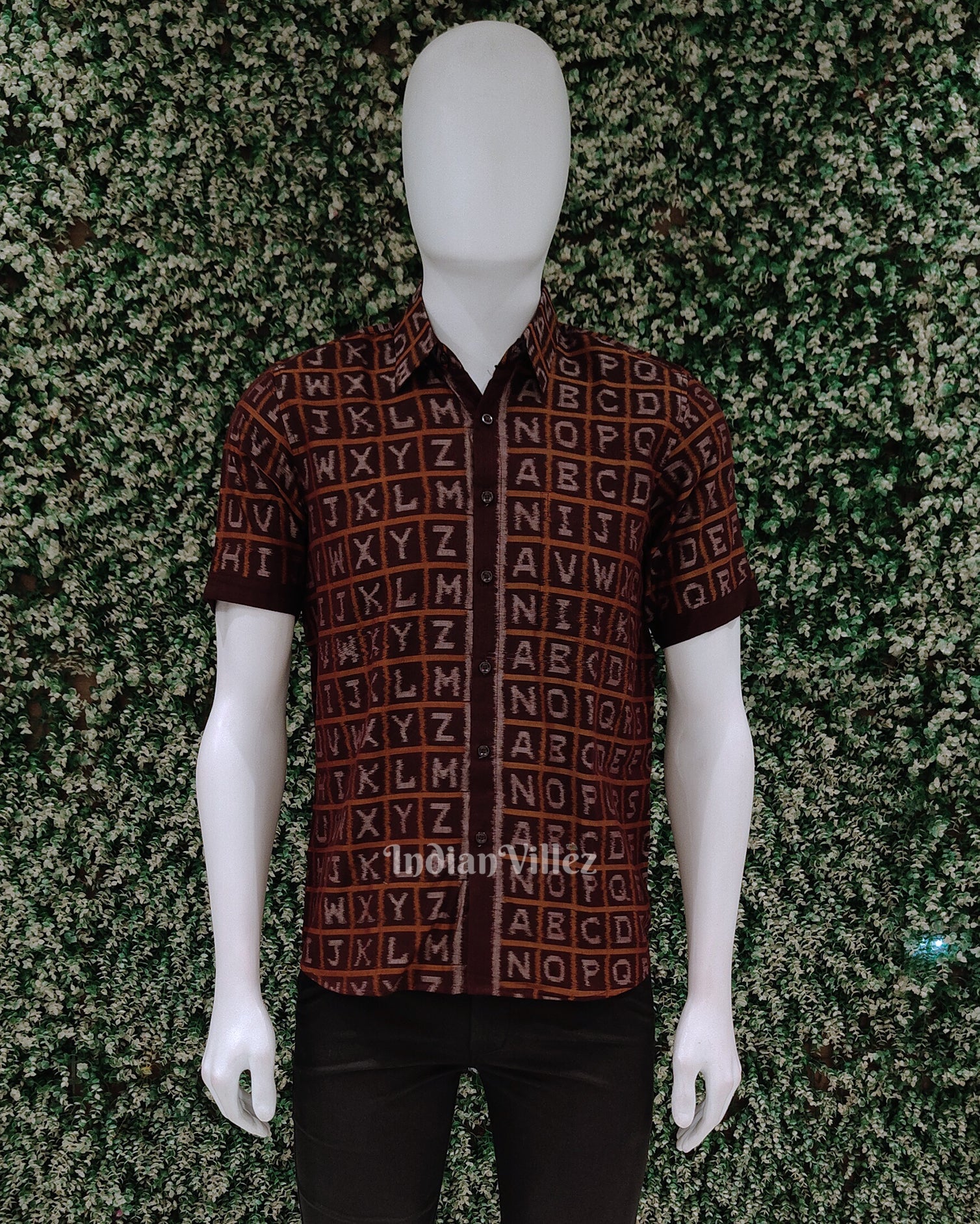 Coffee English Alphabet Odisha Ikat Cotton Half Sleeve Shirt for Men