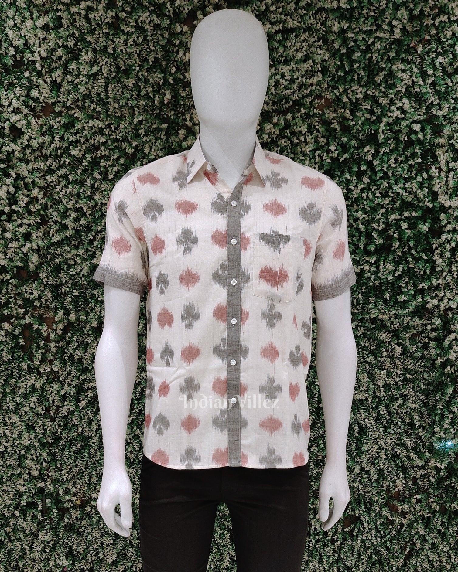 White Grey Odisha Ikat Cotton Half Sleeve Shirt for Men