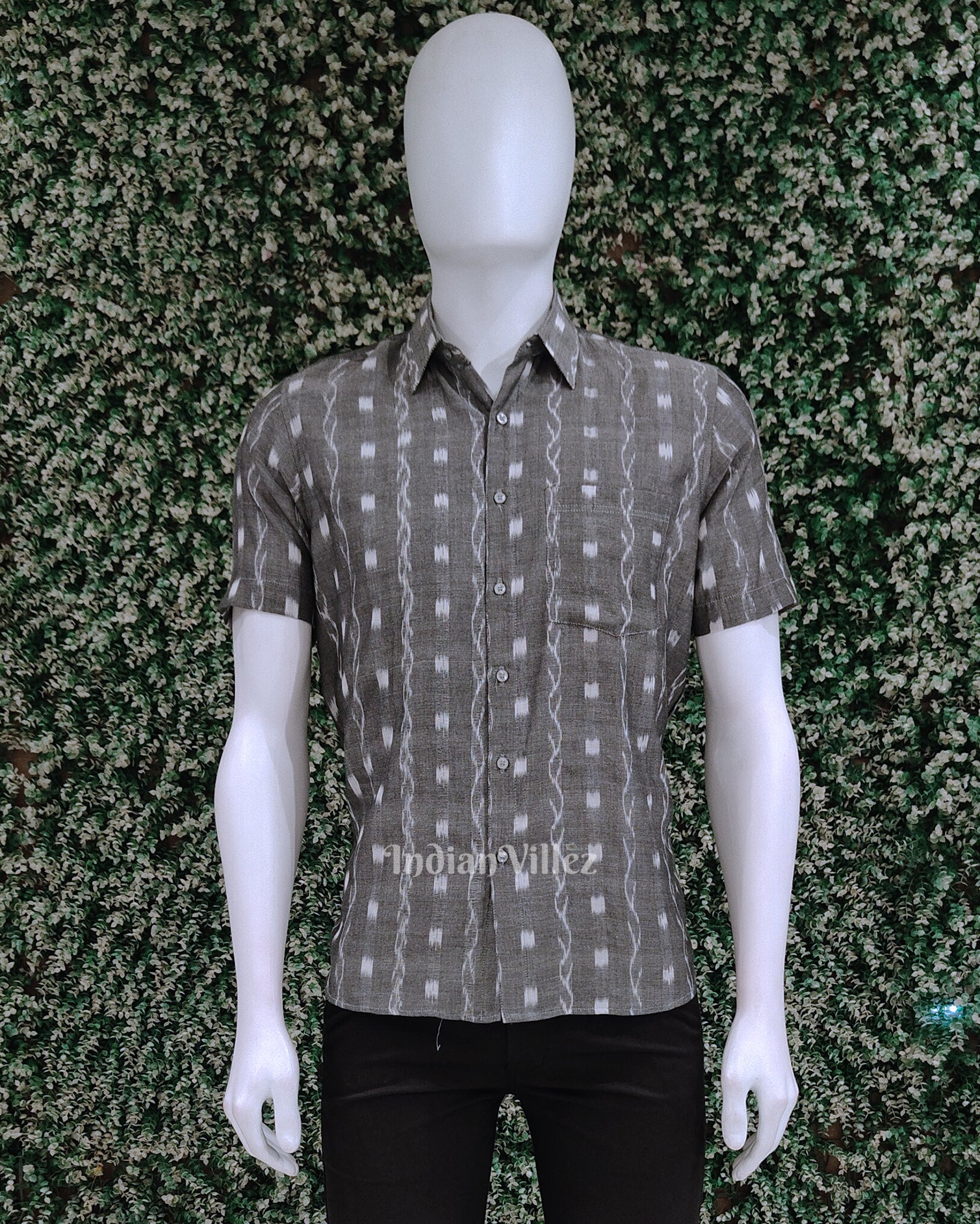 Grey Tipa Design Odisha Ikat Cotton Half Sleeve Shirt for Men