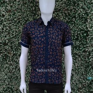 Blue English Alphabet Odisha Ikat Cotton Half Sleeve Shirt for Men