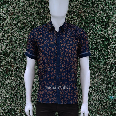 Blue English Alphabet Odisha Ikat Cotton Half Sleeve Shirt for Men