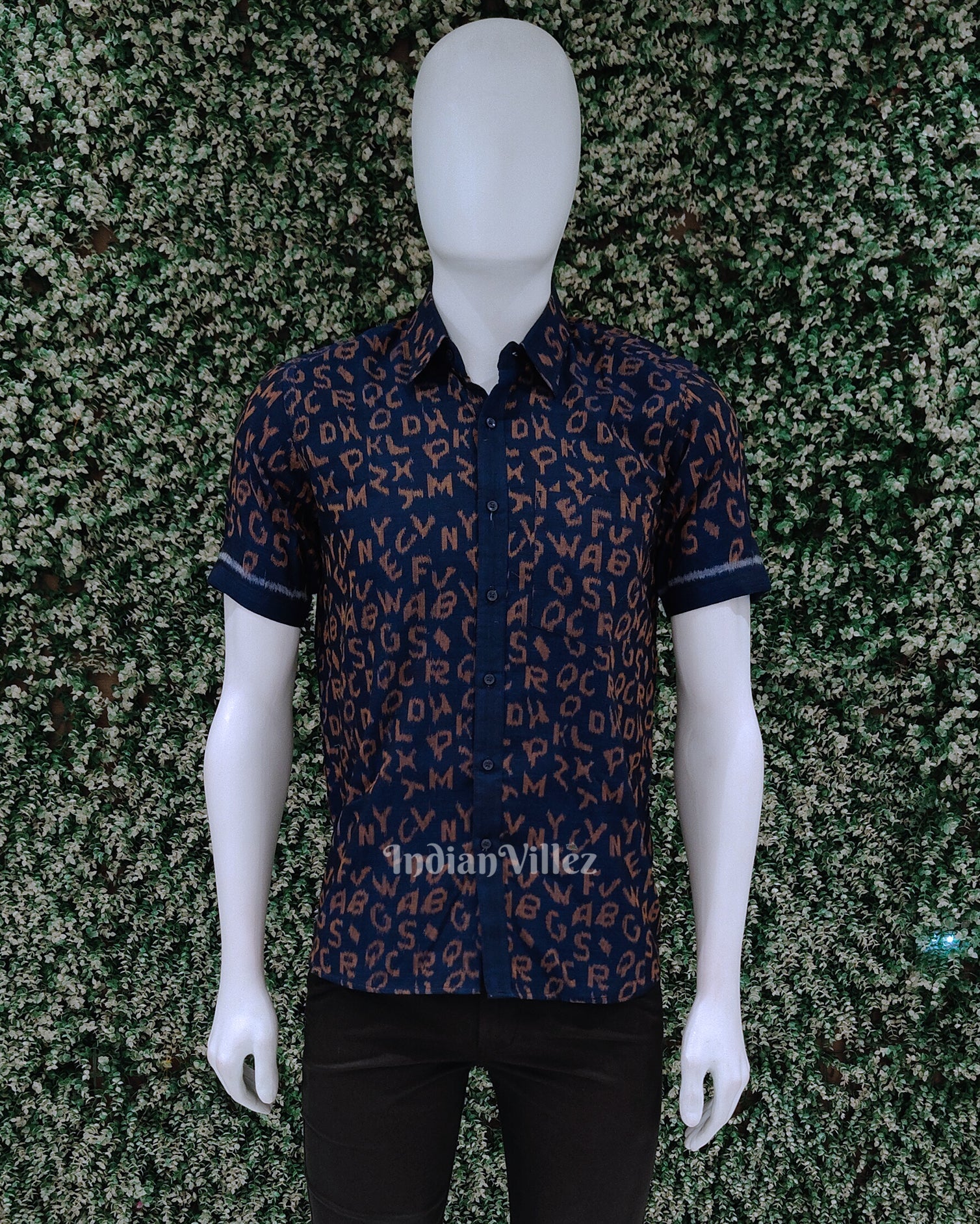 Blue English Alphabet Odisha Ikat Cotton Half Sleeve Shirt for Men