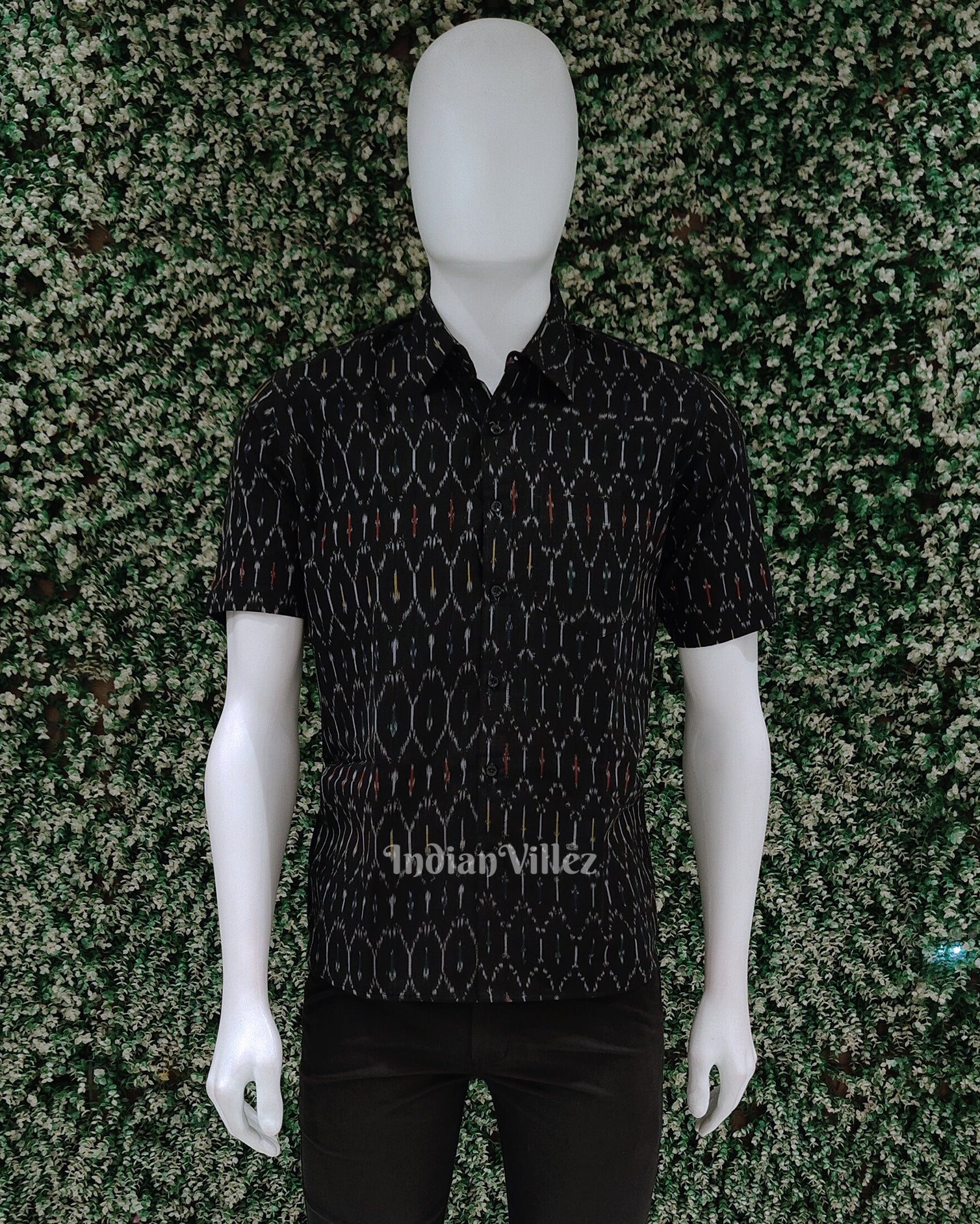 Black Pochampally  Ikat Cotton Half Sleeve Shirt for Men