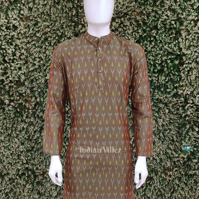 Olive Green Dual Tone Pochampally Ikat Silk & Cotton (Sico)  Kurta For Men