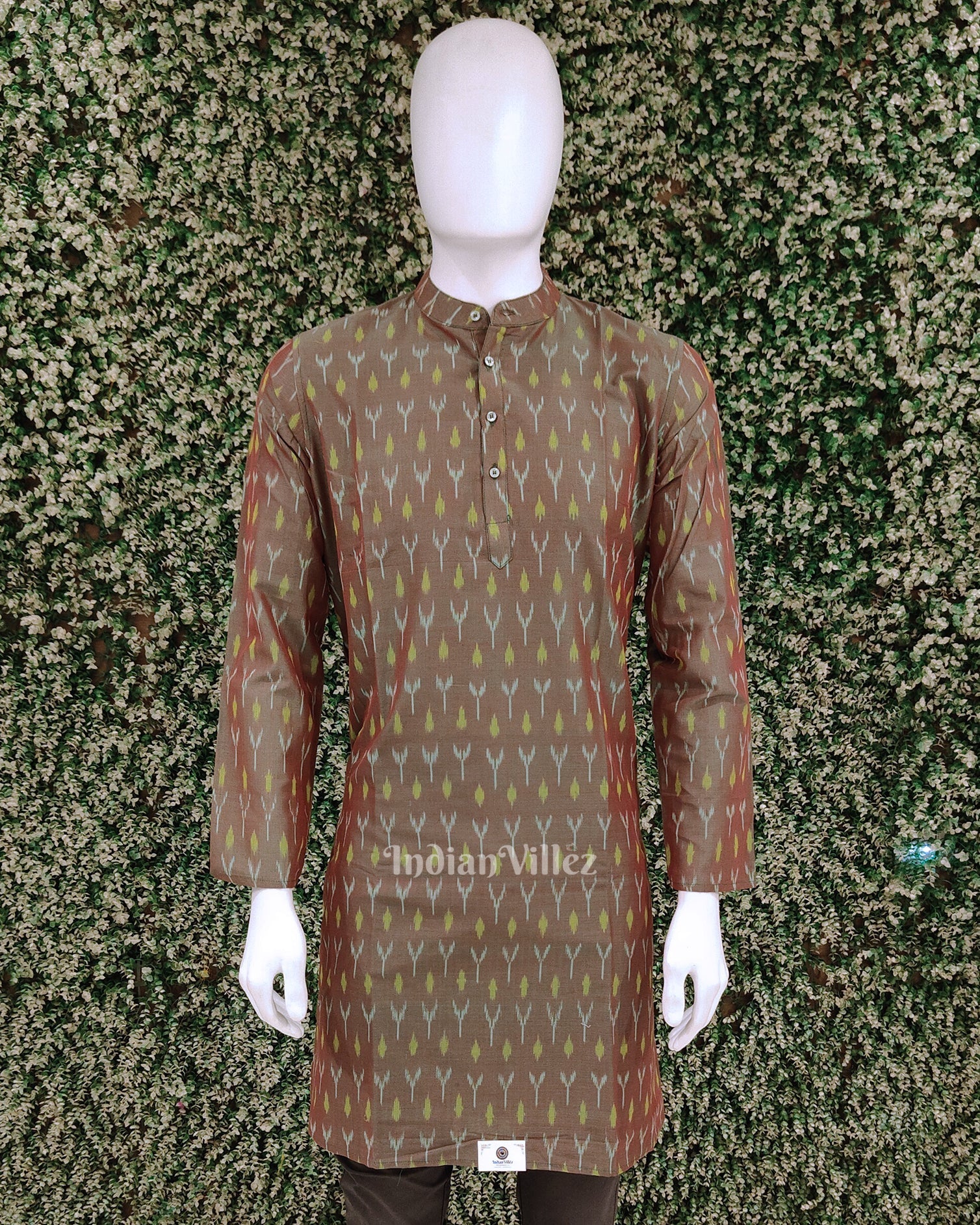 Olive Green Dual Tone Pochampally Ikat Silk & Cotton (Sico)  Kurta For Men