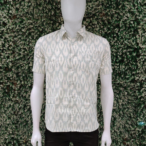 White Green Pochampally Ikat Cotton Half Sleeve Shirt for Men