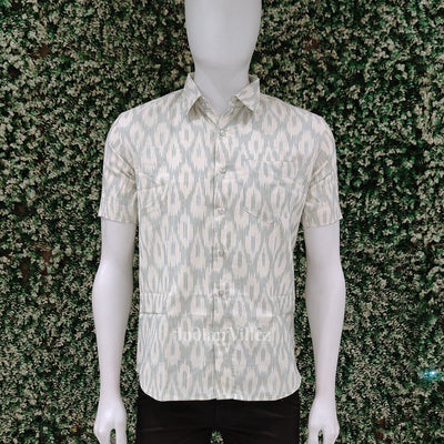 White Green Pochampally Ikat Cotton Half Sleeve Shirt for Men