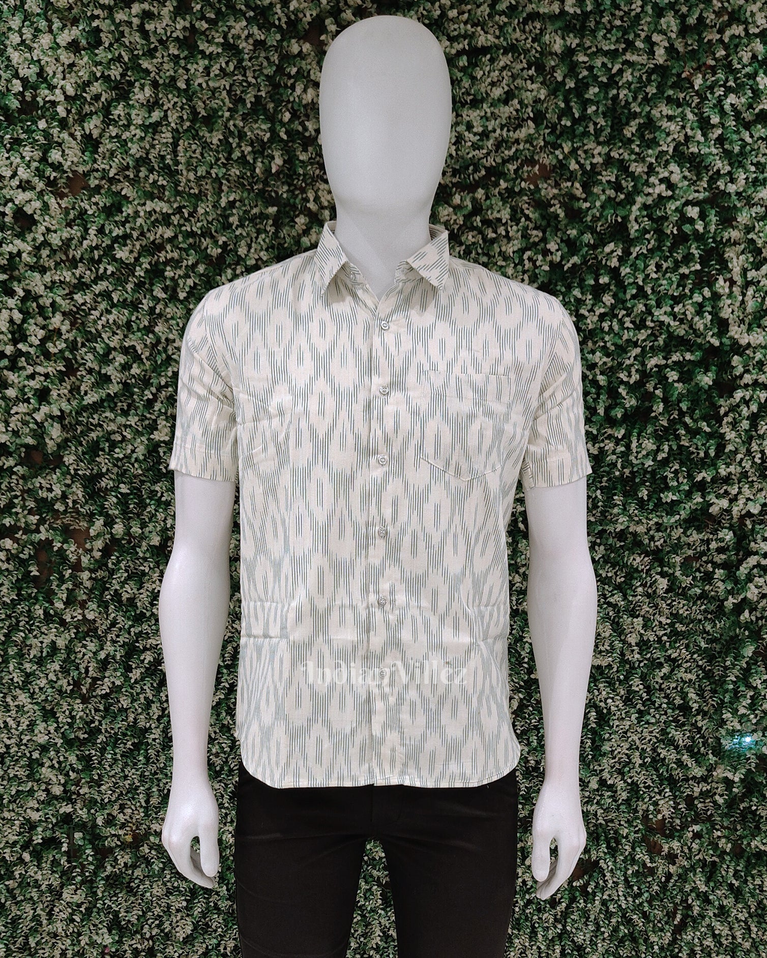 White Green Pochampally Ikat Cotton Half Sleeve Shirt for Men