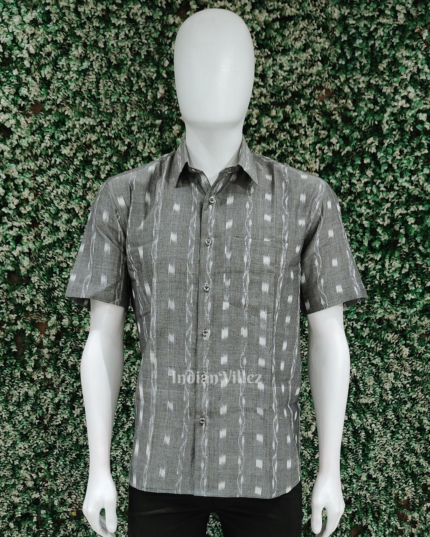 Grey Tipa Design Odisha Ikat Cotton Half Sleeve Shirt for Men
