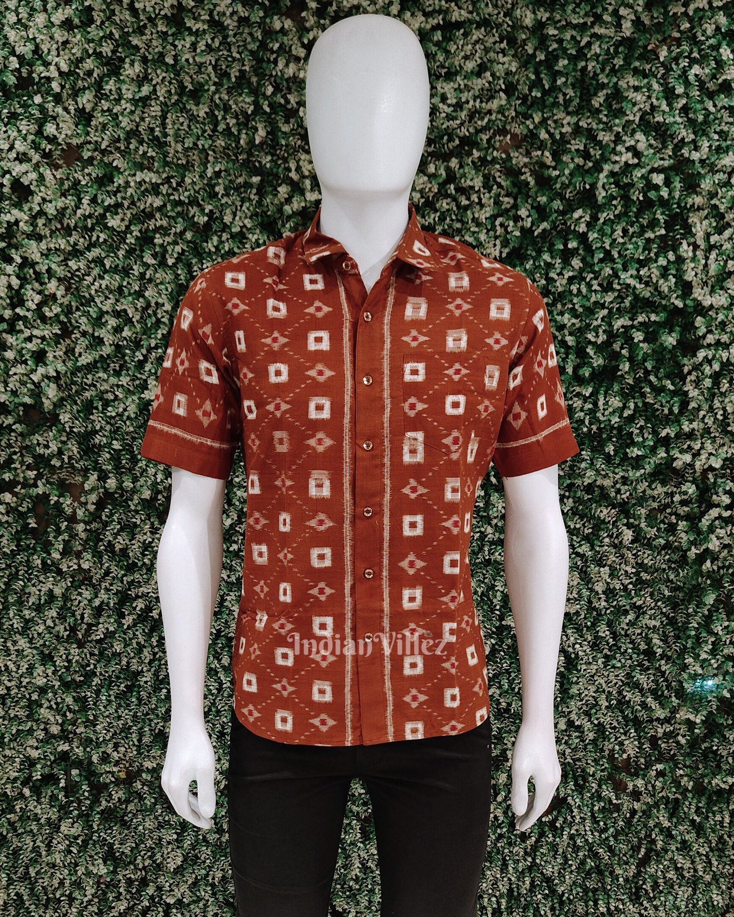 Brown Pasapali Odisha Ikat Cotton Half Sleeve Shirt for Men
