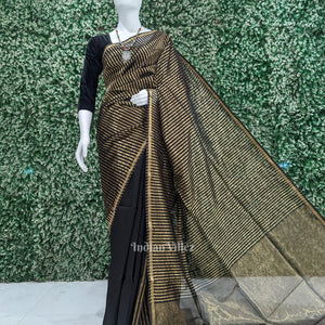 Black Stripped Maheshwari Pure Silk Cotton Maheshwari Saree with Zari Work