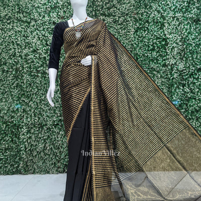 Black Stripped Maheshwari Pure Silk Cotton Maheshwari Saree with Zari Work
