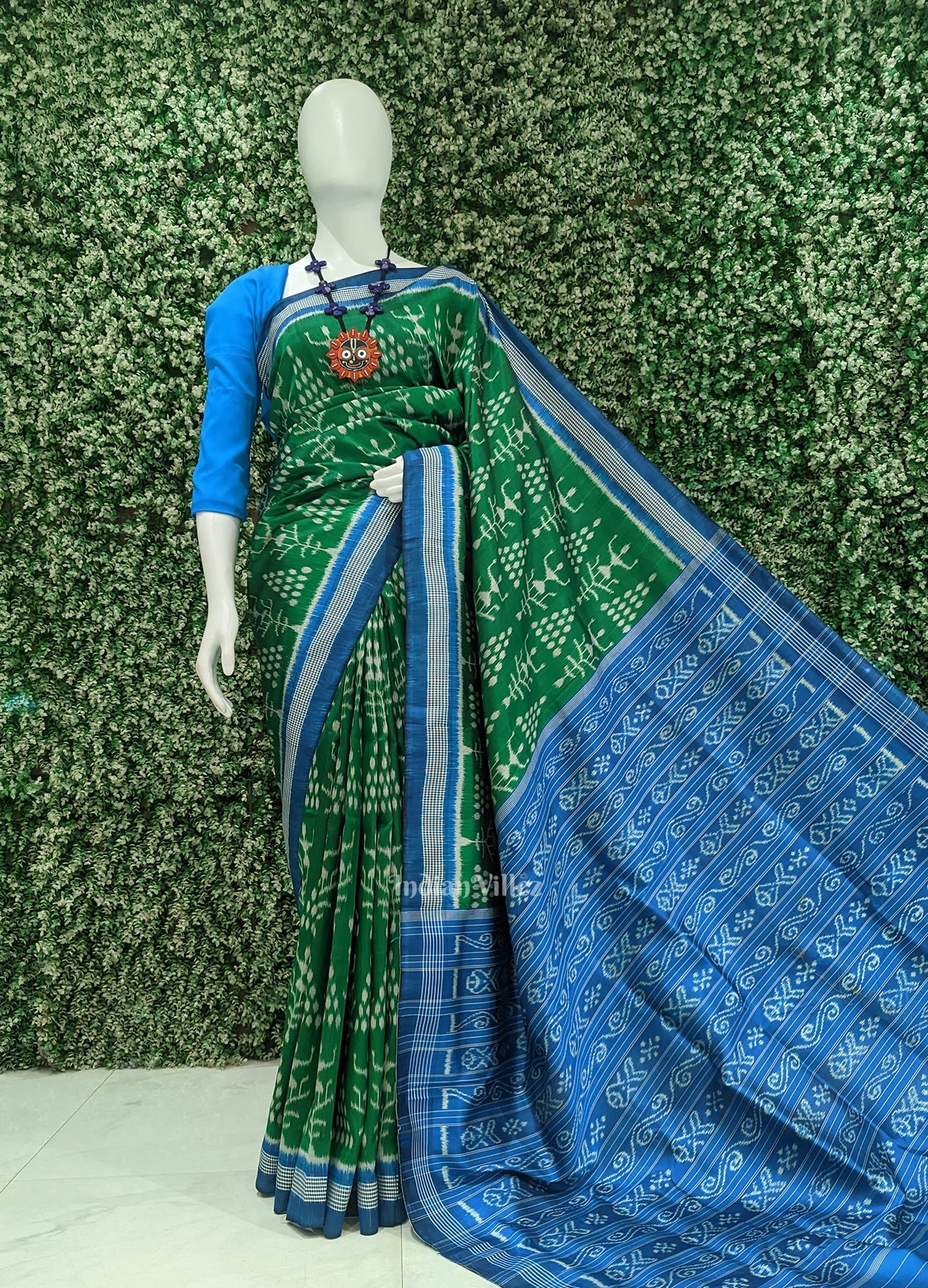 Green Blue Tribal Theme Contemporary Designer Silk Saree