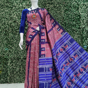 Pink Blue Odia Varnamala Contemporary Designer Silk Saree