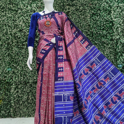 Pink Blue Odia Varnamala Contemporary Designer Silk Saree