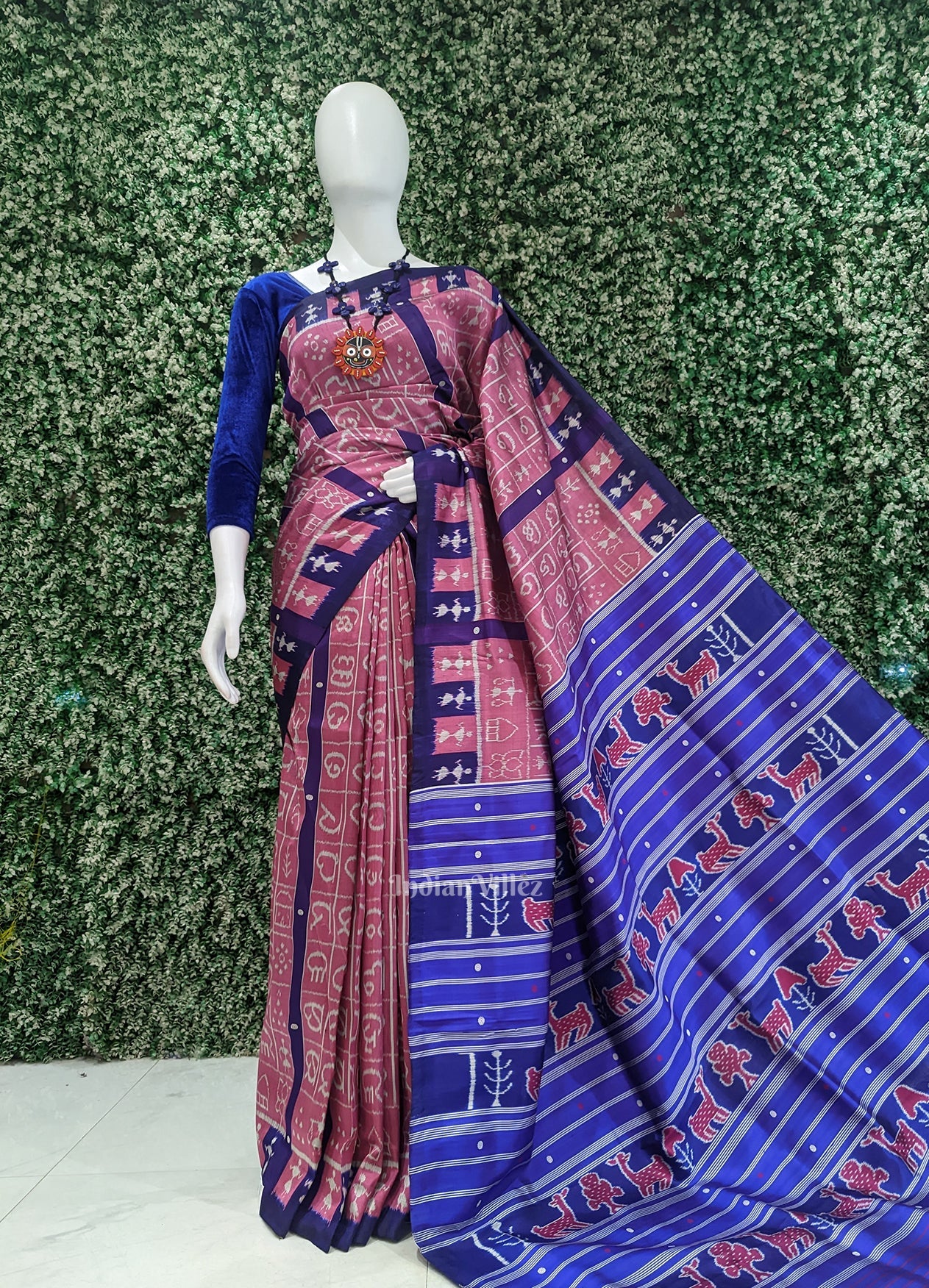 Pink Blue Odia Varnamala Contemporary Designer Silk Saree