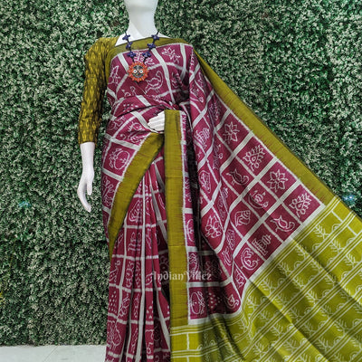 Magenta Pink Olive Green Nabakothi Contemporary Designer Silk Saree