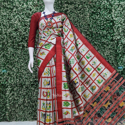 Grey Red Nabakothi Contemporary Designer Silk Saree