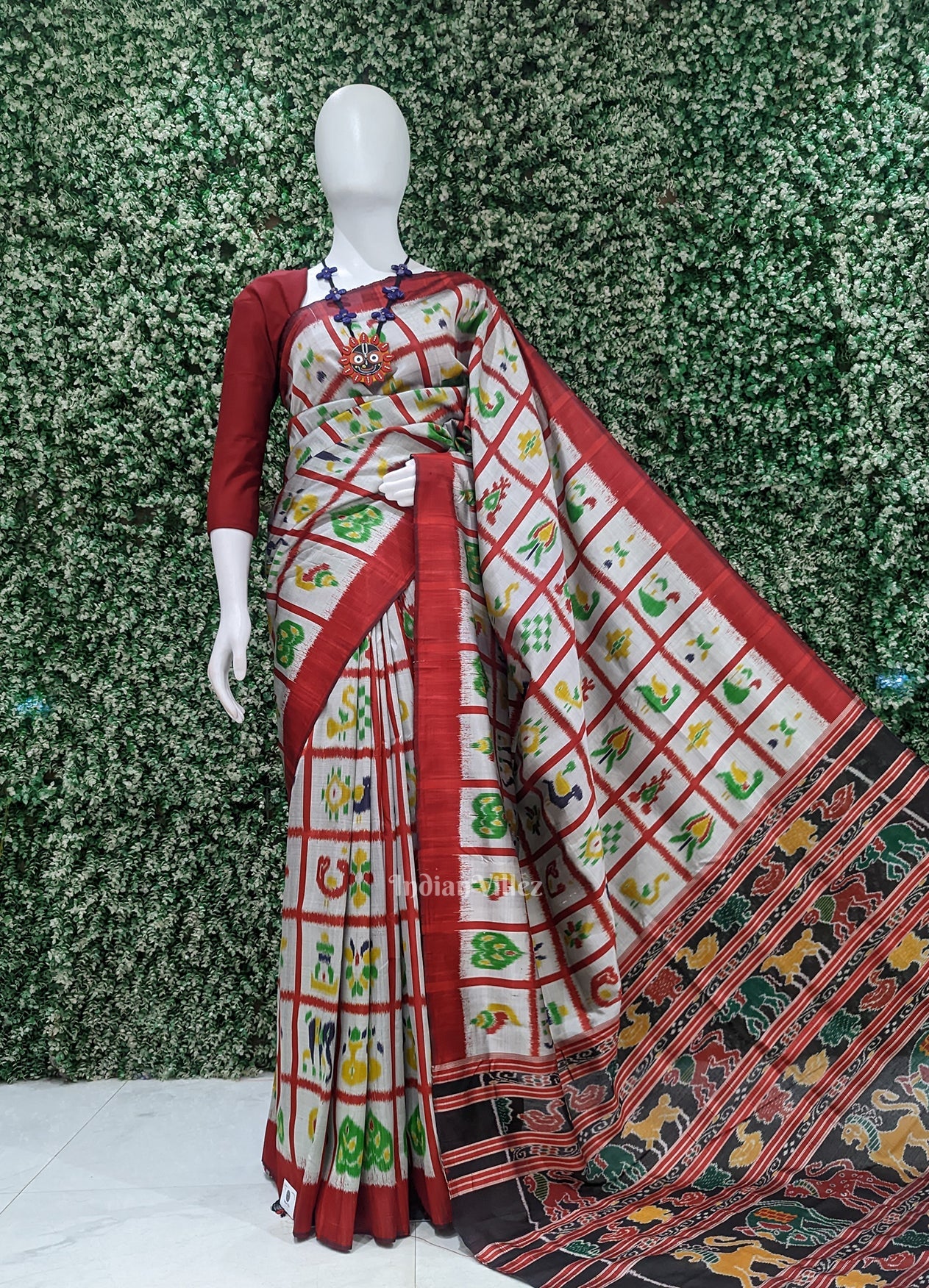 Grey Red Nabakothi Contemporary Designer Silk Saree