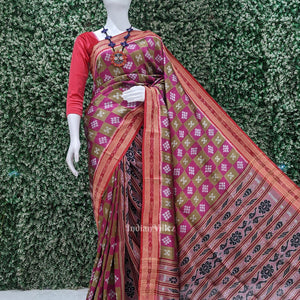 Pink Olive Green Pasapali Patli Odisha Ikat Khandua Silk Saree