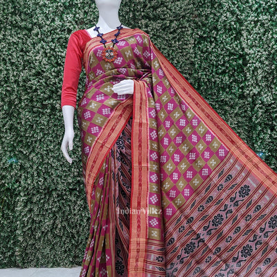 Pink Olive Green Pasapali Patli Odisha Ikat Khandua Silk Saree