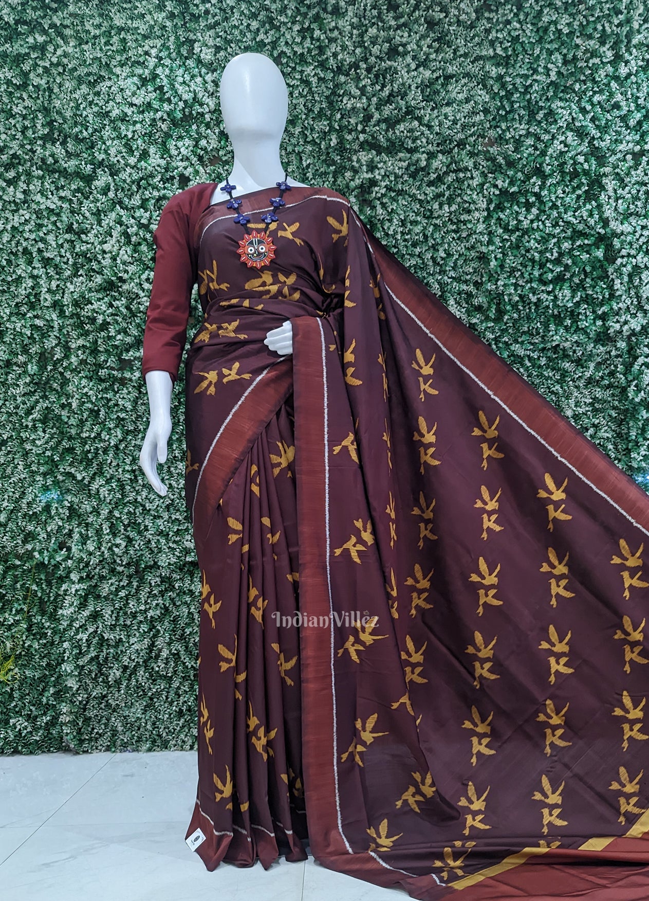Coffee Mustard Yellow Bird Odisha Ikat Contemporary Designer Saree