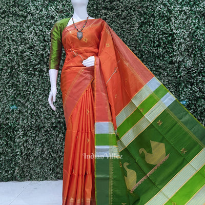 Orange Green Pure Bishnupuri Silk Saree