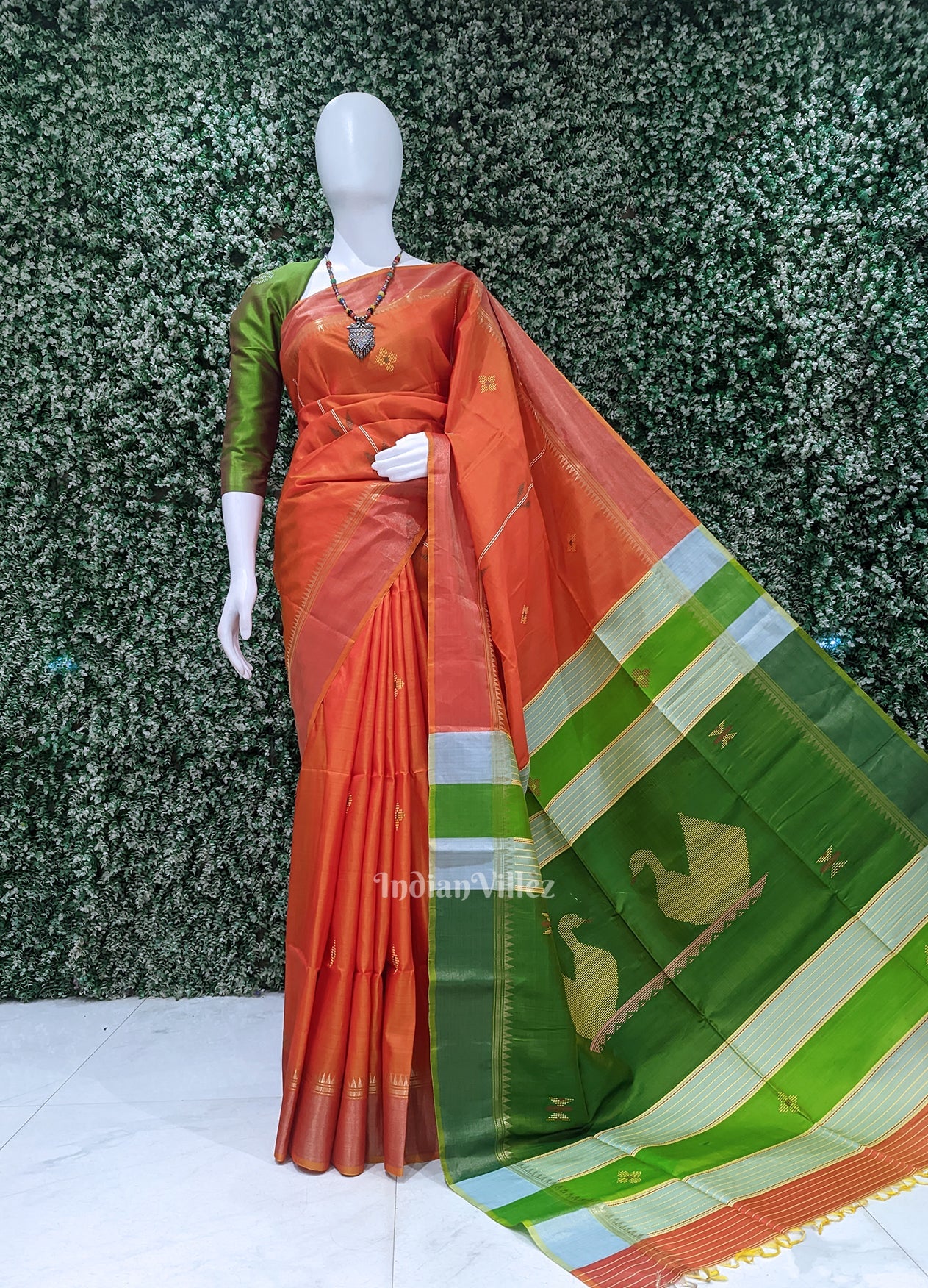 Orange Green Pure Bishnupuri Silk Saree