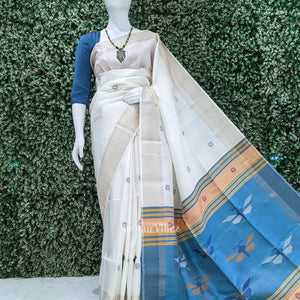 White Sky Blue Pure Bishnupuri Silk Saree