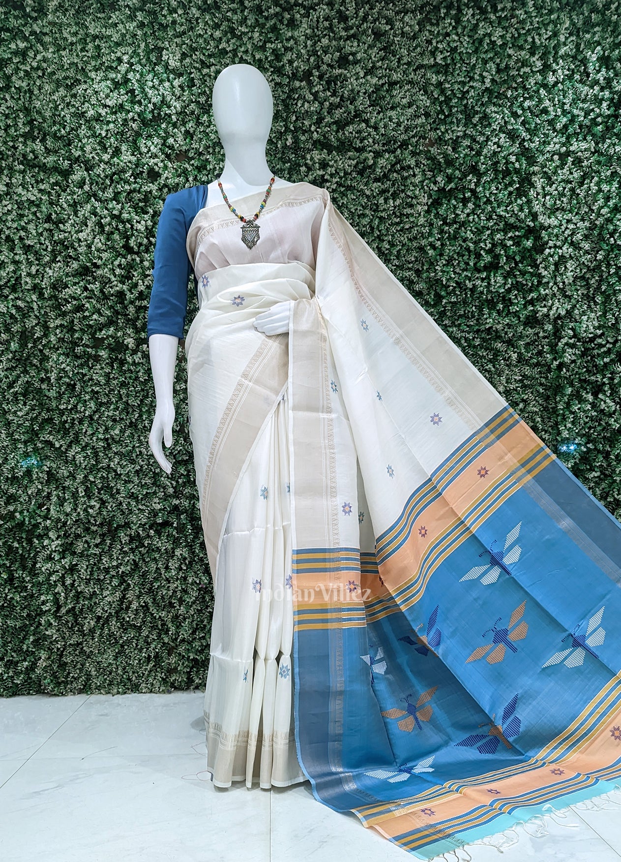 White Sky Blue Pure Bishnupuri Silk Saree