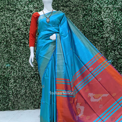 Sky Blue Magenta Pink Pure Bishnupuri Silk Saree