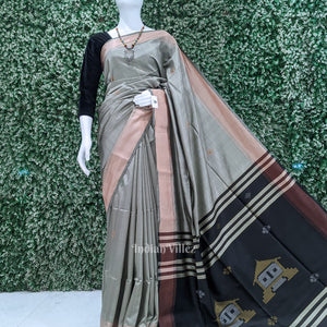 Cream Black Pure Bishnupuri Silk Saree