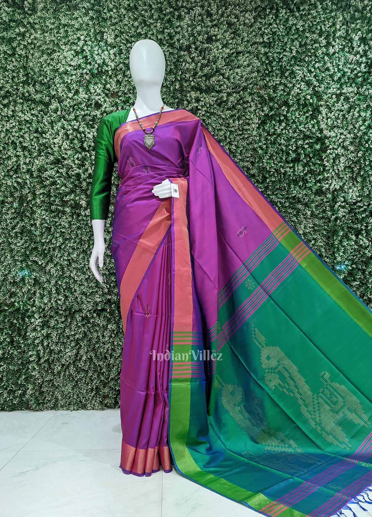 Purple Green Pure Bishnupuri Silk Saree
