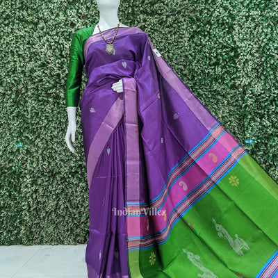 Purple Green Pure Bishnupuri Silk Saree with Tissue Anchal