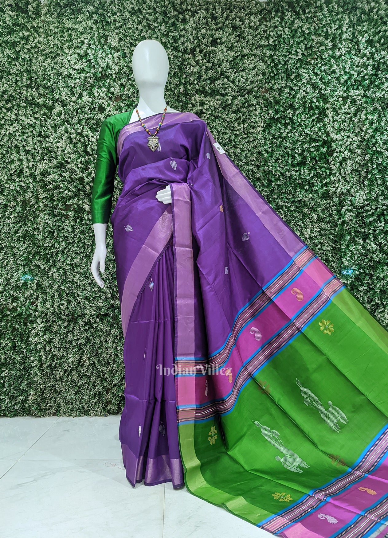 Purple Green Pure Bishnupuri Silk Saree with Tissue Anchal