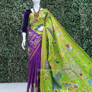 Green Purple Radha Krishna Village Theme Pattachitra Saree