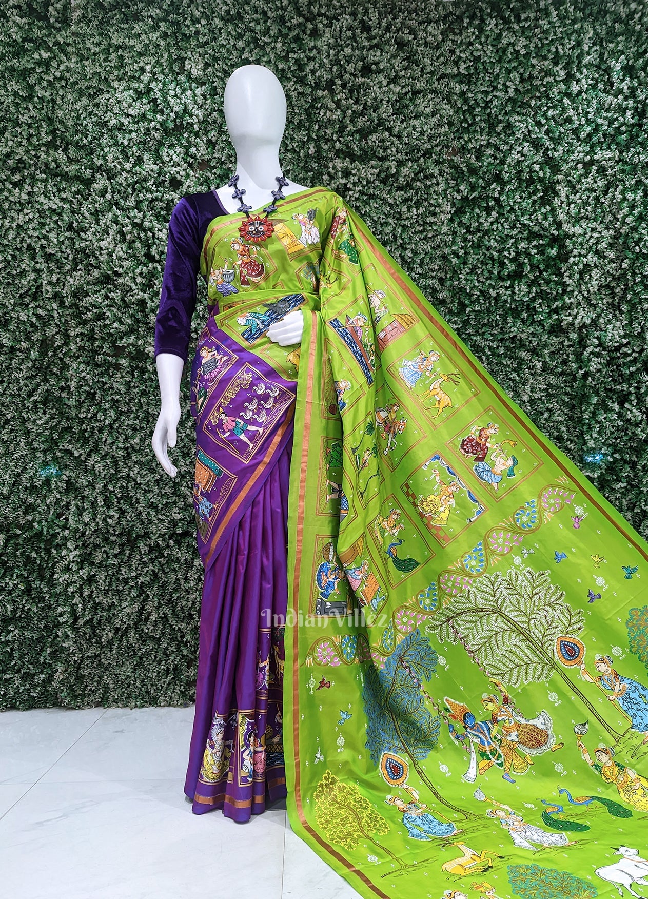 Green Purple Radha Krishna Village Theme Pattachitra Saree